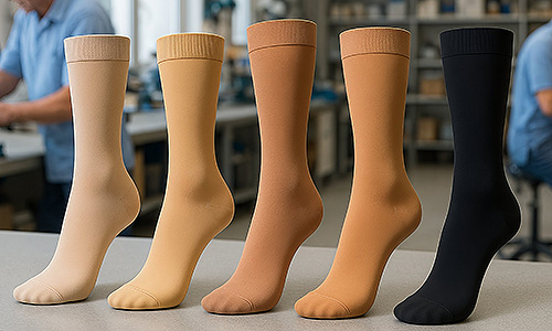 Auswahl an medizinischen Kompressionsstrümpfen in verschiedenen Farbtönen aufgereiht