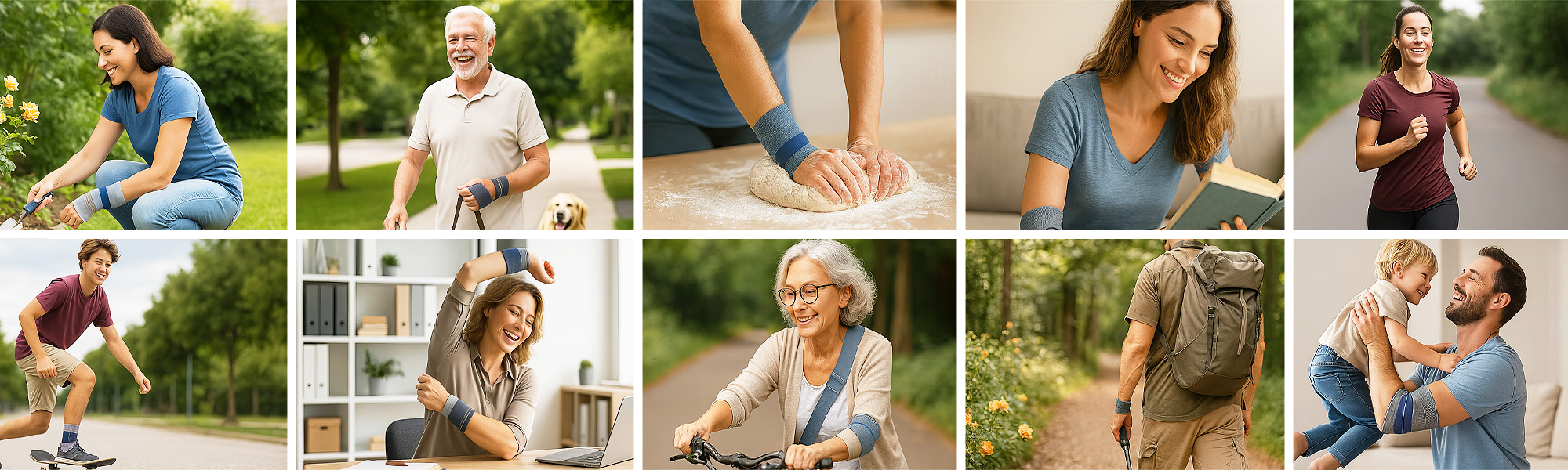 Menschen unterschiedlichen Alters bei Alltagsaktivitäten wie Gehen, Gartenarbeit, Sport und Lesen mit unterstützenden Bandagen an Arm, Bein oder Gelenken