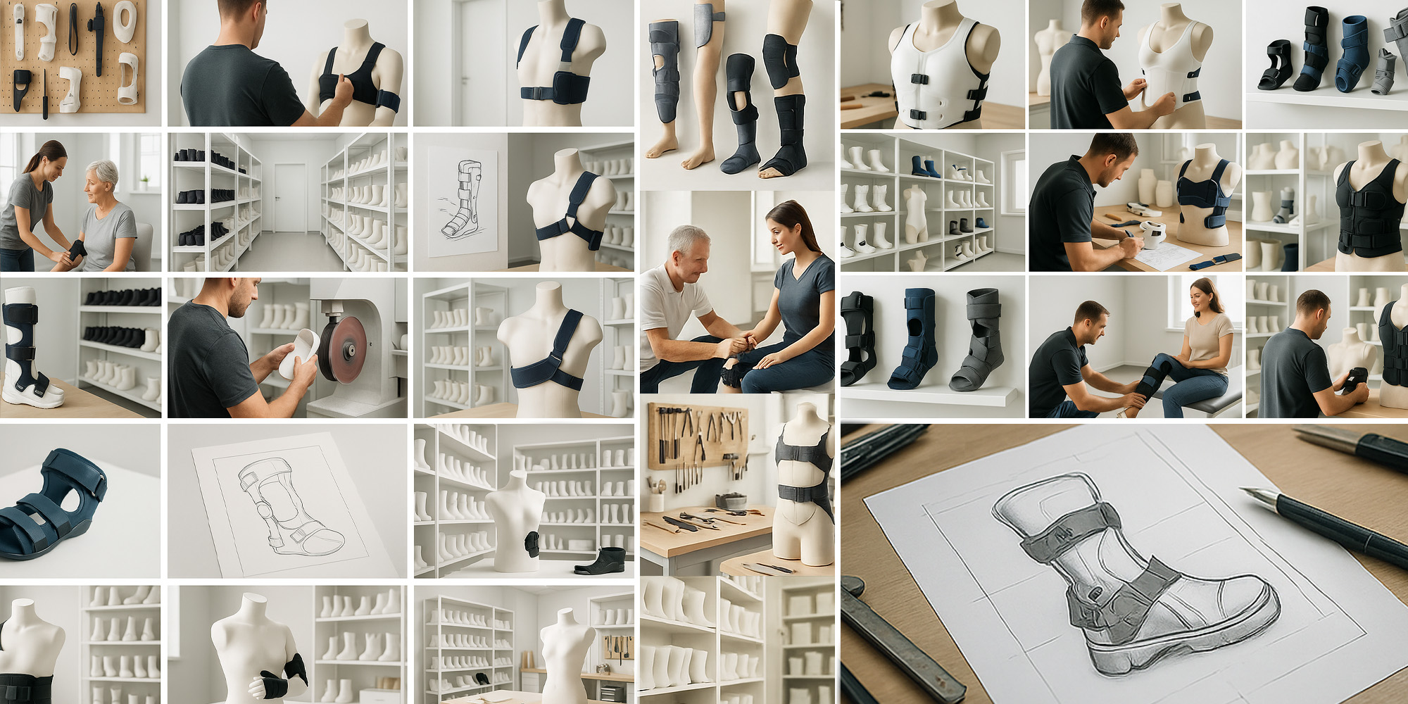 Umfangreiche Collage aus orthopädischer Versorgung mit Bandagen, Orthesen, Ganganalyse, Werkstattarbeit und Produktpräsentation