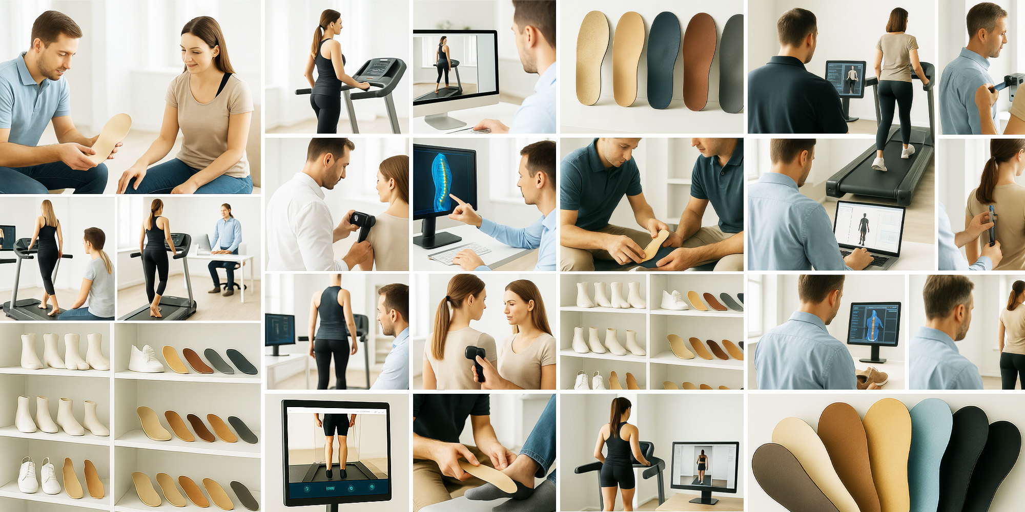Collage mit Abläufen der orthopädischen Vermessung und Einlagenversorgung, gezeigt werden Ganganalyse auf dem Laufband, digitale Haltungsanalyse, Beratungsgespräche sowie verschiedene orthopädische Einlagen und Maßanfertigungen