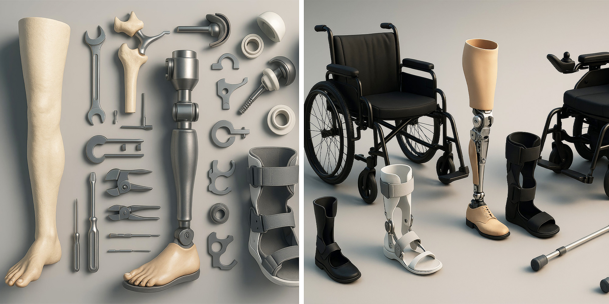 Übersicht orthopädietechnischer Hilfsmittel wie Prothesenbauteile, Orthesen, Rollstuhl, Gehstützen und Prothesenbeine, dargestellt als Material- und Produktzusammenstellung