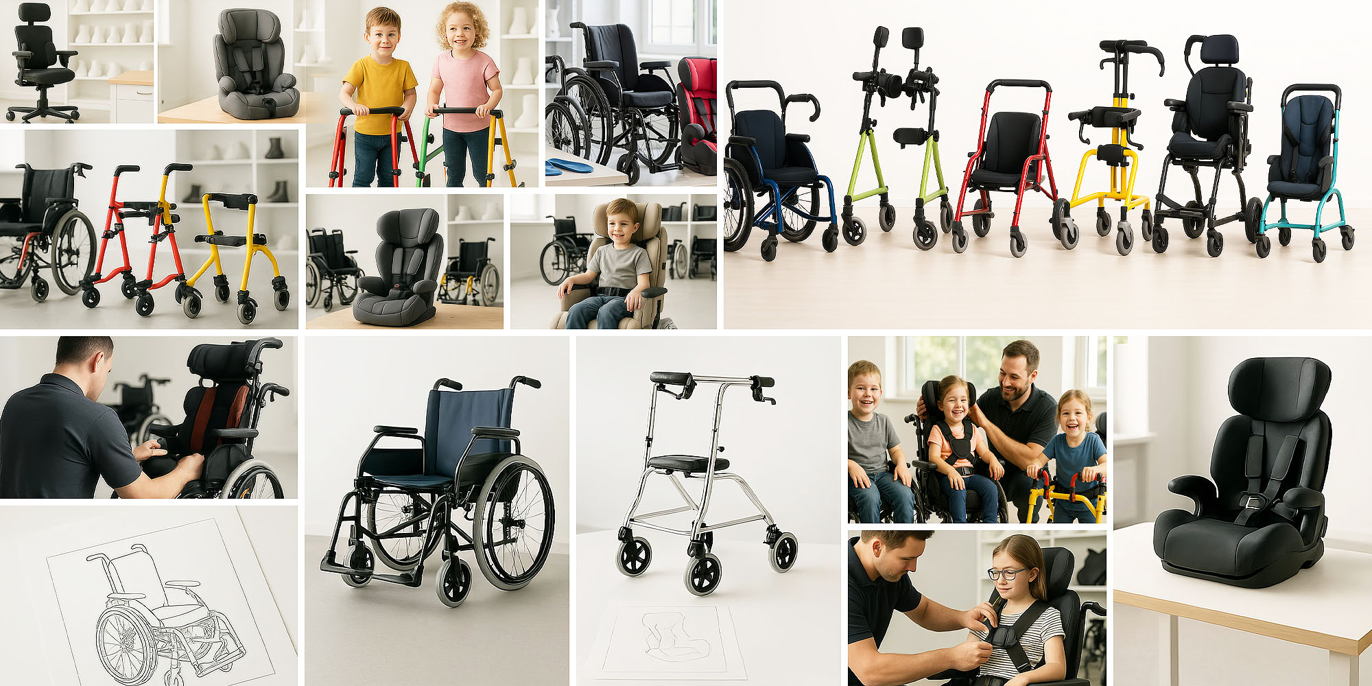 Kinder mit Mobilitätshilfen und Sitzschalen in einem Sanitätshaus