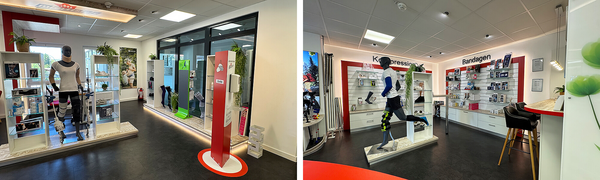 Zwei Innenansichten des Verkaufsraums: Links ein Bereich mit Mannequins für Orthesen und einem Desinfektionsständer, rechts Regale für Kompressionsstrümpfe und Bandagen sowie ein Servicetresen.