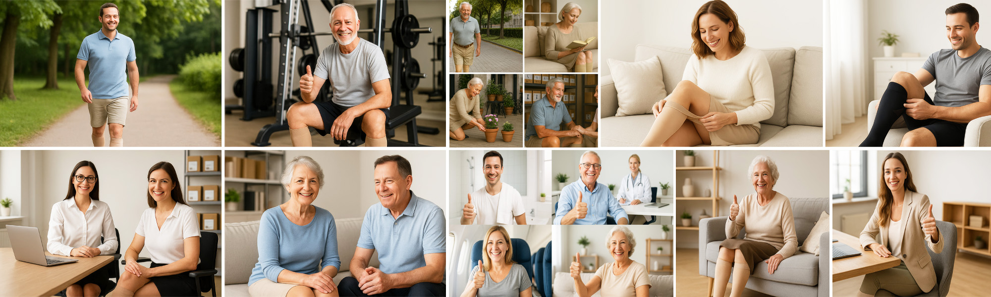 Eine Collage verschiedener Personen jeden Alters, die Kompressionsstrümpfe im Alltag tragen – beim Sport, im Büro, bei der Gartenarbeit oder entspannt zu Hause.