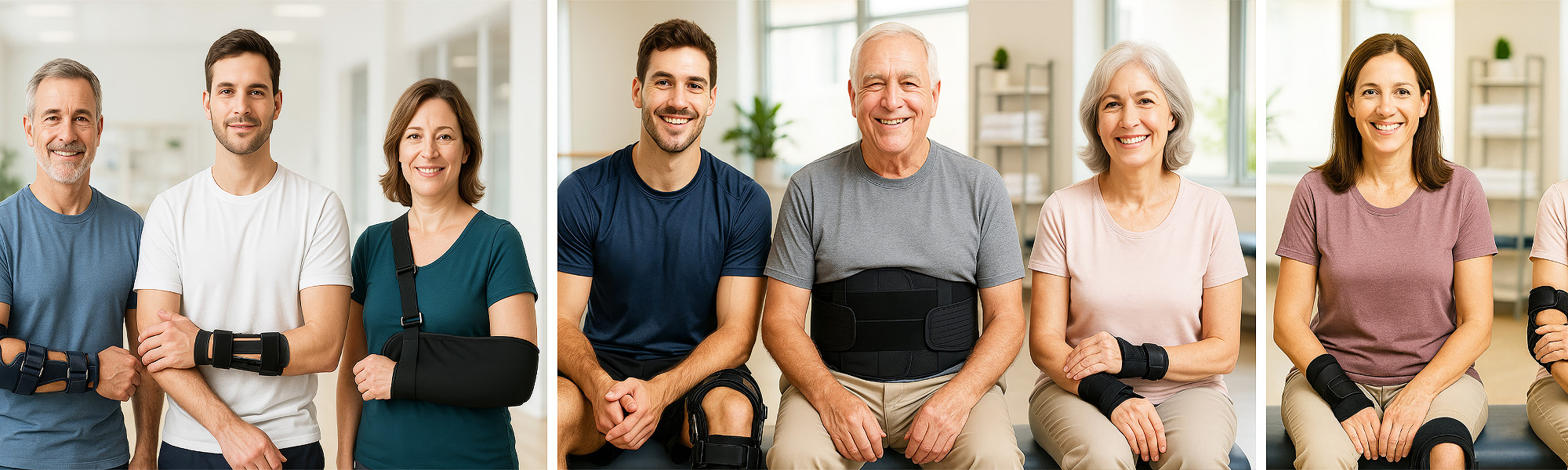 Menschen verschiedener Altersgruppen mit orthopädischen Hilfsmitteln wie Bandagen, Orthesen und Stützen