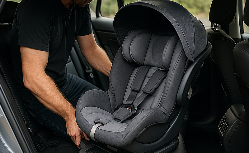 Person befestigt einen Kindersitz auf der Rückbank eines Autos