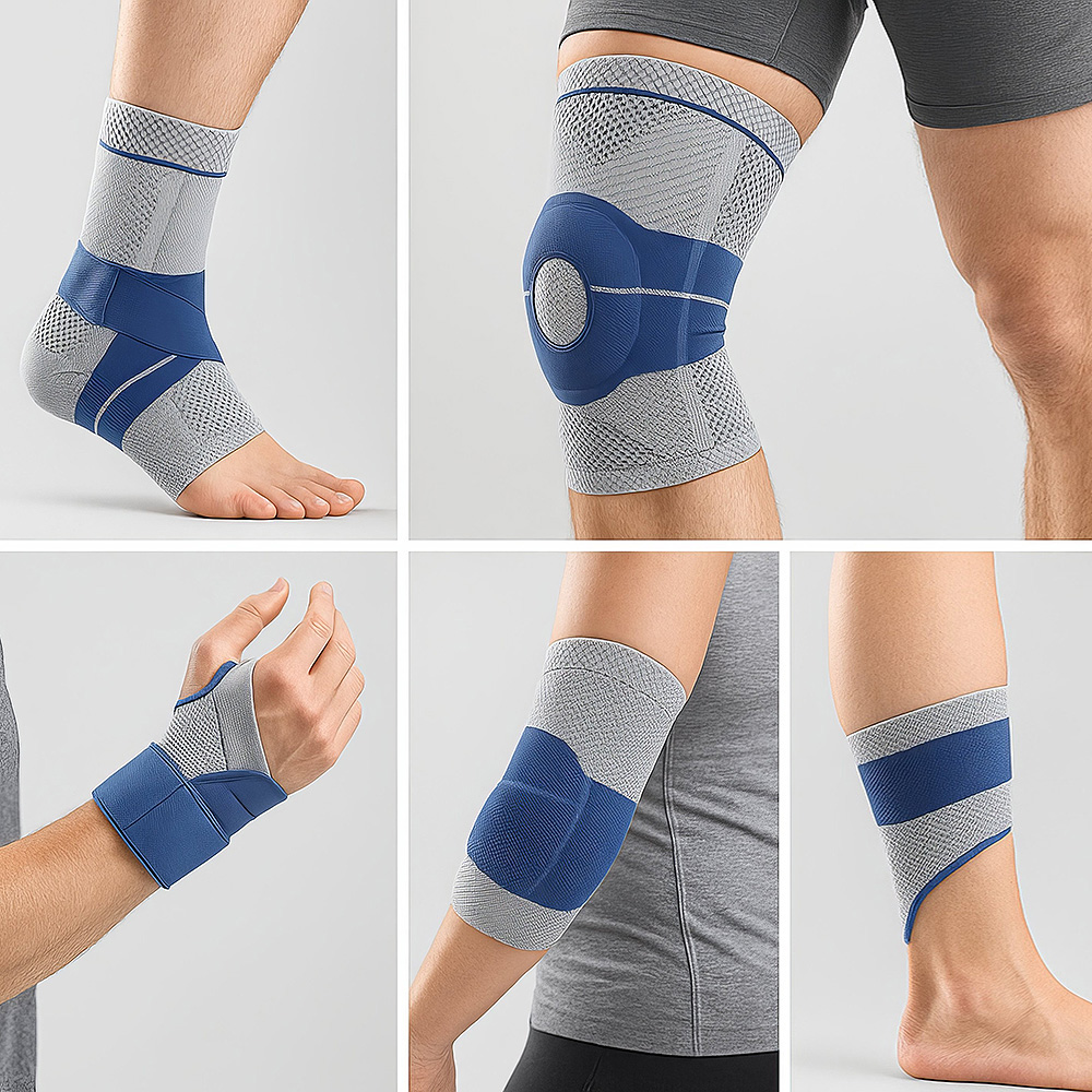 Verschiedene orthopädische Bandagen auf einem Regal, darunter Rückenbandage, Knöchelbandage, Handgelenkbandage und Ellenbogenbandage