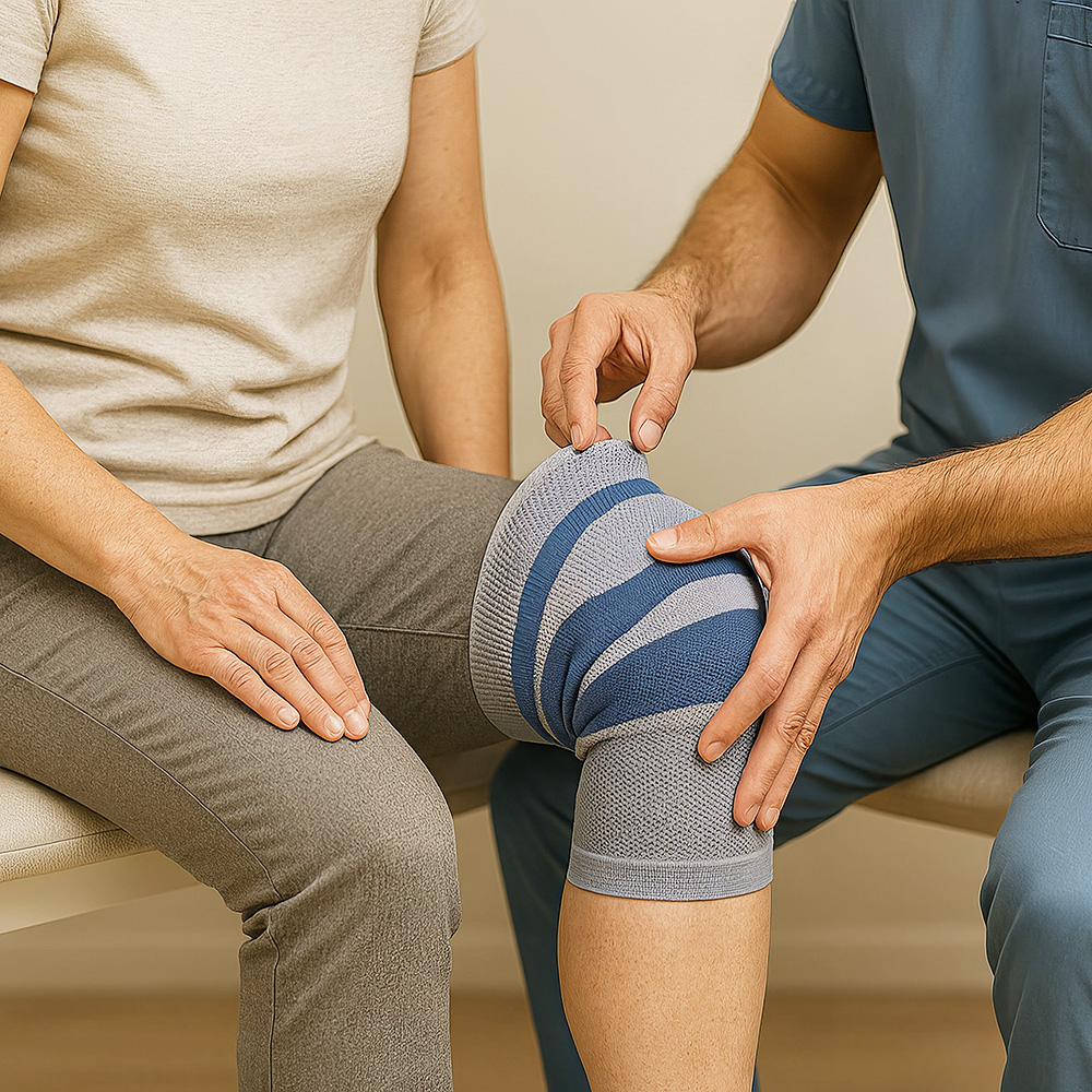 Medizinisches Fachpersonal legt einer Person eine Ellenbogenbandage an