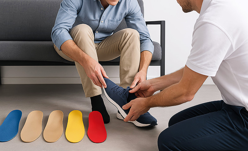 Auswahl farbiger orthopädischer Schuheinlagen auf einem Tisch, im Hintergrund zieht eine Person einen Schuh an