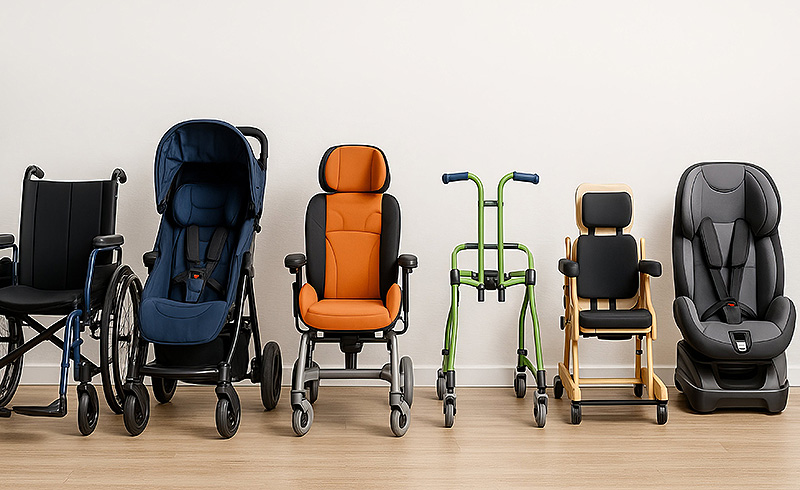 Reihe verschiedener Kinderhilfsmittel wie Rollstühle, Rehawagen und Sitzsysteme vor hellem Hintergrund