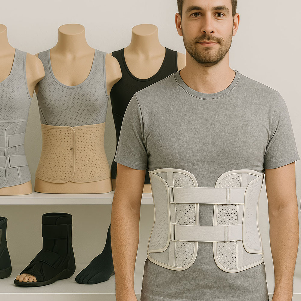 Mann steht mit angelegtem orthopädischem Stützkorsett vor einer Präsentation verschiedener Orthesen und Hilfsmittel