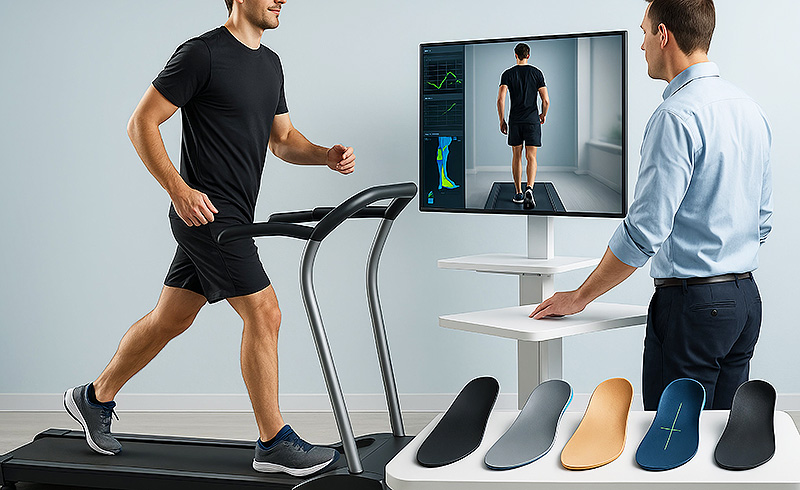 Laufbandanalyse mit Druckmessplatte. Visualisierung der Fußdruckverteilung in Echtzeit zur Erkennung von Über- oder Fehlbelastungen.