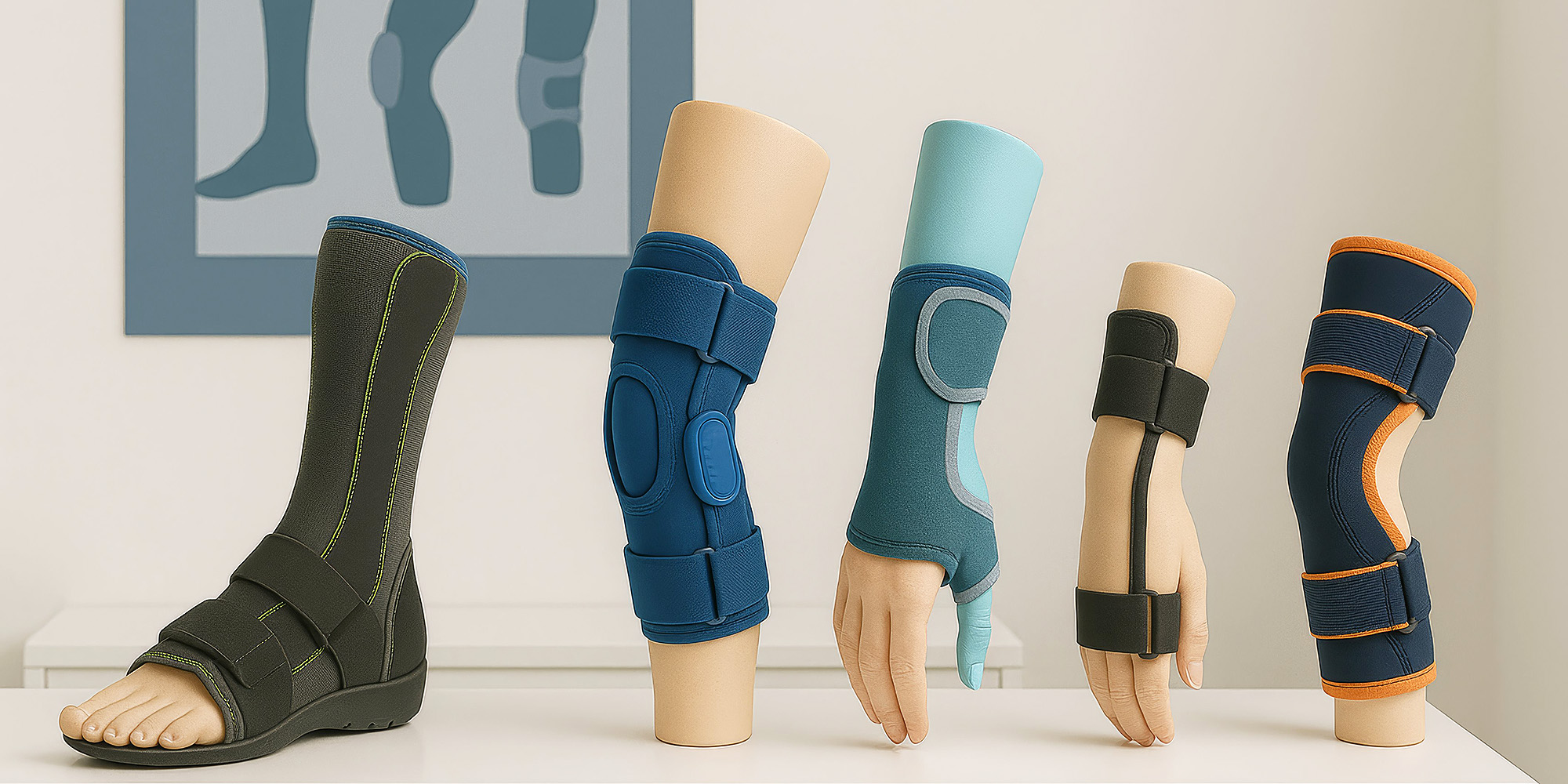 Verschiedene Hand- und Unterarmorthesen in unterschiedlichen Farben und Ausführungen auf Präsentationssockeln