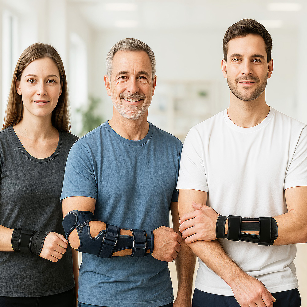 Drei Erwachsene stehen nebeneinander und tragen unterschiedliche Armorthesen zur Stabilisierung des Unterarms